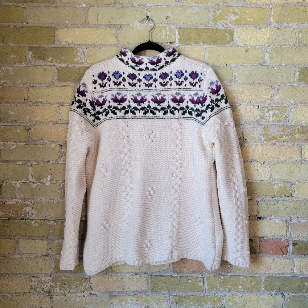 Lands' End Floral Fair Isle Mock Neck Sweater Womens 1X Cotton Wool Blend